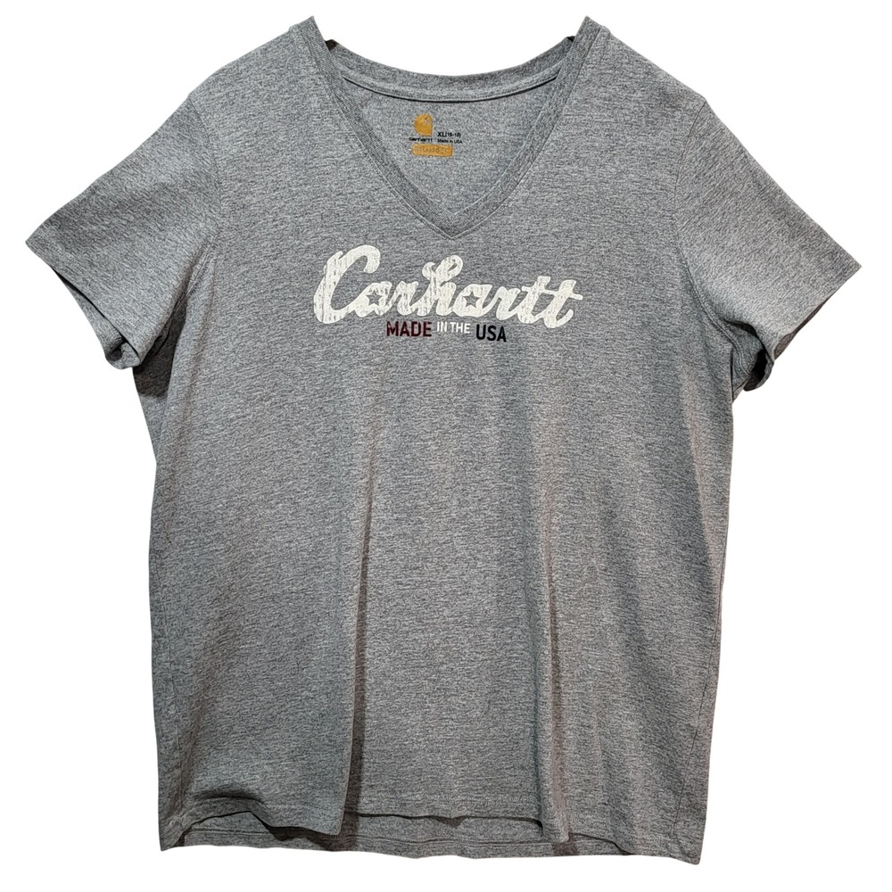 Carhartt Womens XL‎ Gray Relaxed Fit V-Neck Graphic T-Shirt Made in USA